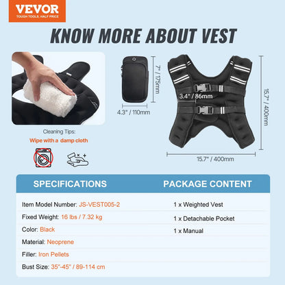 Vevor 12 lbs Weighted Vest with Reflective Stripes, Adjustable Buckle for Men and Women, Ideal for Strength Training, Running, Jogging, and Fitness Workouts