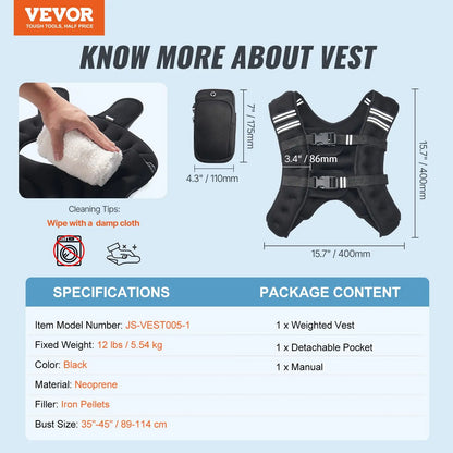 Vevor 12 lbs Weighted Vest with Reflective Stripes, Adjustable Buckle for Men and Women, Ideal for Strength Training, Running, Jogging, and Fitness Workouts