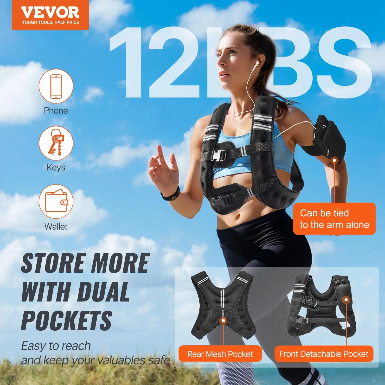 Vevor 12 lbs Weighted Vest with Reflective Stripes, Adjustable Buckle for Men and Women, Ideal for Strength Training, Running, Jogging, and Fitness Workouts