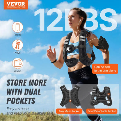 Vevor 12 lbs Weighted Vest with Reflective Stripes, Adjustable Buckle for Men and Women, Ideal for Strength Training, Running, Jogging, and Fitness Workouts