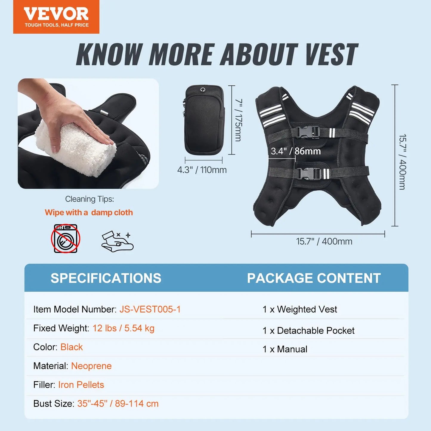 Vevor 12 lbs Weighted Vest with Reflective Stripes, Adjustable Buckle for Men and Women, Ideal for Strength Training, Running, Jogging, and Fitness Workouts
